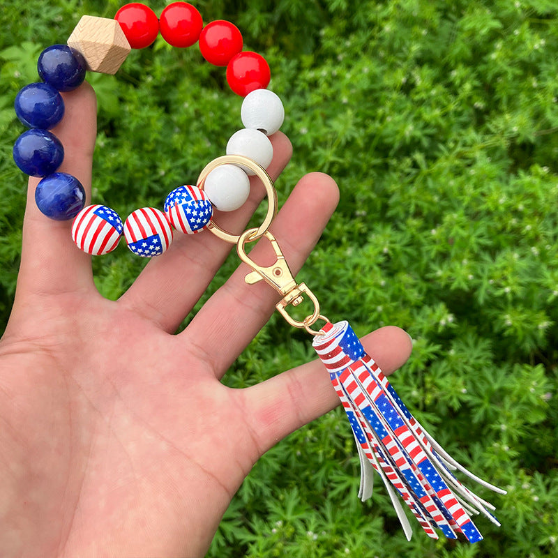 Wholesale Independence Day Wooden Beads Beaded Wrist Keychain